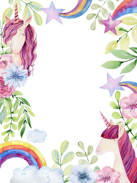 Cadre aquarelle avec licorne mignonne