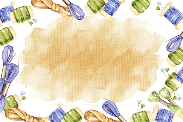 cadre d'aquarelle avec outils de broderie croquis dessiné à la main de l'œuvre à l'aiguille soie fil de fil épingles vertes et lilas skein sur fond de tissu aquarelle beige