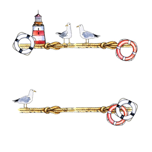 cadre d'aquarelle d'un vieux phare rouge et blanc à nœuds rayés vintage avec une corde de sauvetage et un oiseau de mer dessiné à la main cadre carré de corde texturée avec des nœuds striés, une corda de sauvetages et une mouette à fond blanc