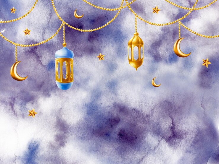Photo cadre arabe islamique à l'aquarelle avec des étoiles de croissant d'or sur des chaînes et des lanternes en or