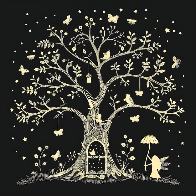 Cadre d'art folklorique de l'arbre enchanté avec porte de fée et lumières scintillantes tatouage de contour découpé CNC