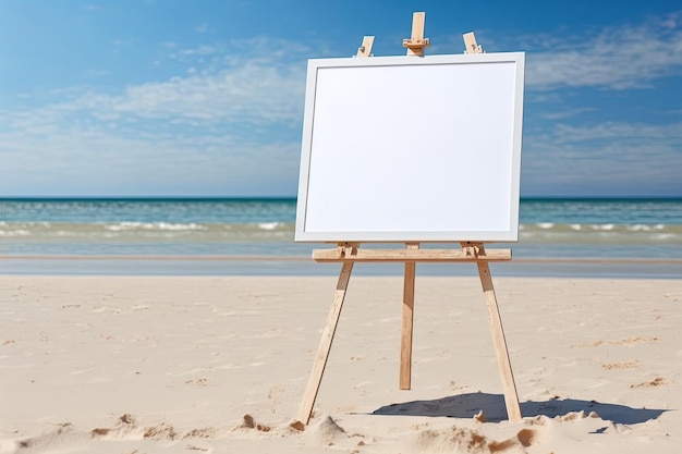 Photo cadre d'artiste blanc vierge sur un petit chevalet en bois sur fond de plage de mer d'été avec espace de copie maquette publicitaire pour photos ou illustrations bannière de modèle de cadre de peinture ai générative