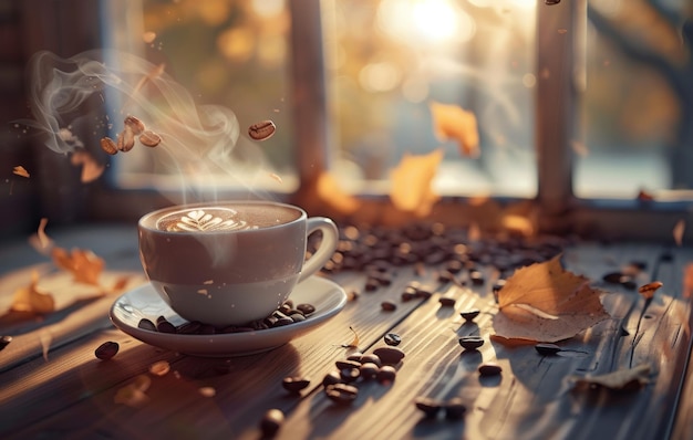 Un cadre d'automne confortable présente une tasse de latte fumant avec un latte art entouré de grains de café un foulard chaud et des feuilles vibrantes