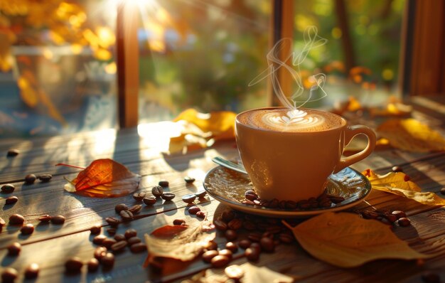 Un cadre d'automne confortable présente une tasse de latte fumant avec un latte art entouré de grains de café un foulard chaud et des feuilles vibrantes