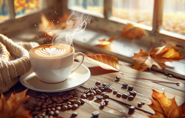 Un cadre d'automne confortable présente une tasse de latte fumant avec un latte art entouré de grains de café un foulard chaud et des feuilles vibrantes