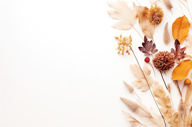 Cadre d'automne feuillage flétri et fleurs sèches sur fond blanc zone vide pour le texte frais généraux p