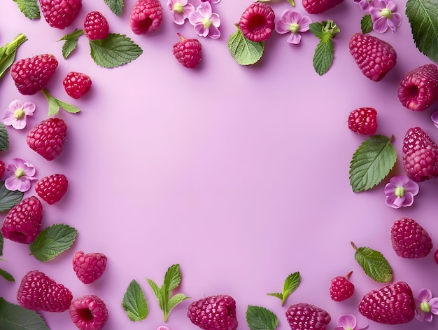 cadre de baies pastel avec des feuilles vertes framboise sur un fond violet pastel de haute qualité