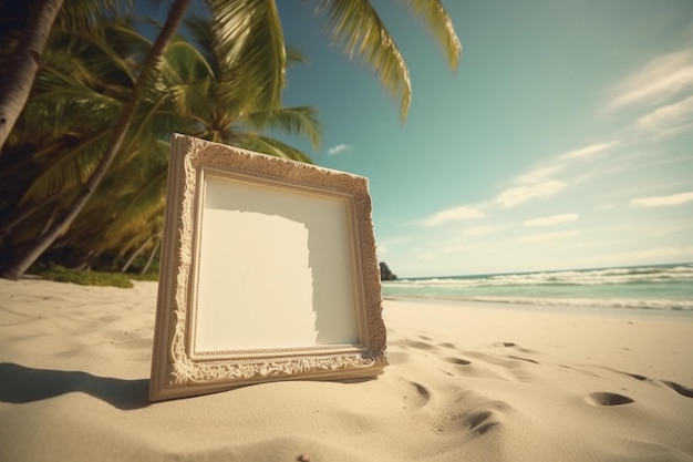 Cadre blanc allongé sur une plage tropicale luxuriante