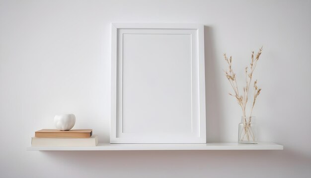cadre blanc appuyé sur une étagère blanche avec un peu de décor à l'intérieur lumineux sur un mur vide