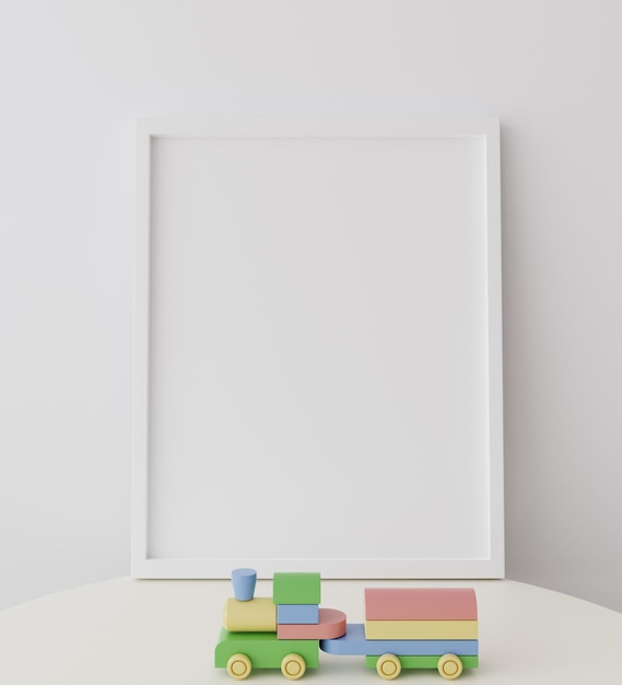 Un cadre blanc avec des blocs colorés de différentes couleurs est posé sur une table.