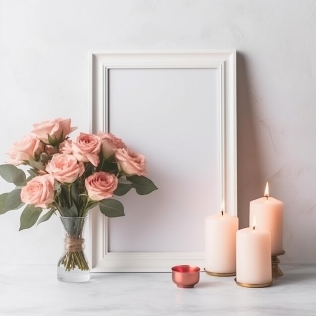 Un cadre blanc avec un bouquet de roses et une bougie.