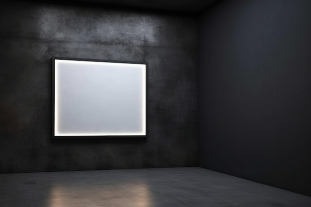 Un cadre blanc carré sur un mur sombre avec une lumière dessus.