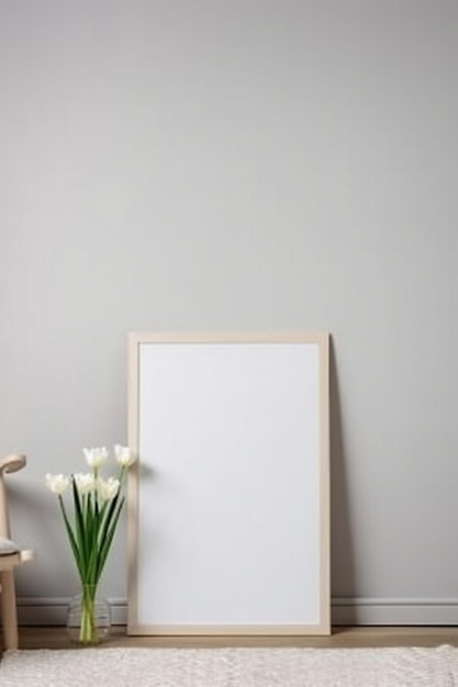 Un cadre blanc à côté d'un vase de fleurs.