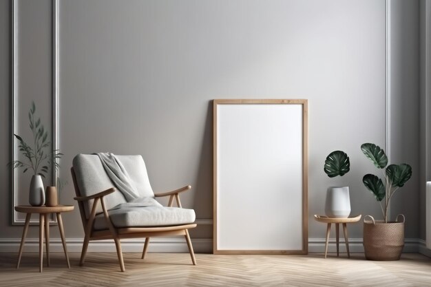 Un cadre blanc est posé sur un parquet à côté d'une chaise qui dit "le mot"