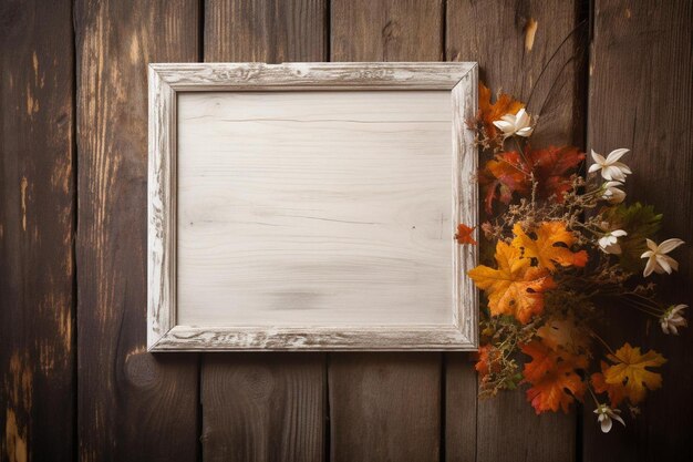 cadre blanc avec des feuilles d'automne sur un mur en bois.