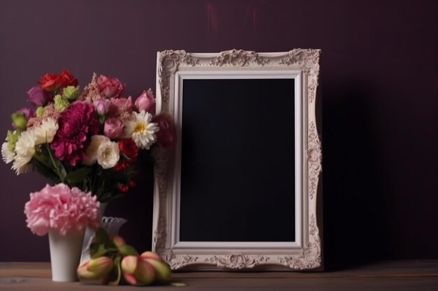 Un cadre blanc avec des fleurs sur la table.