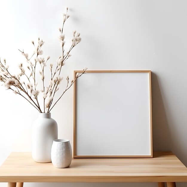 Cadre blanc de fleurs avec un vase de feuilles vertes sur un fond rose