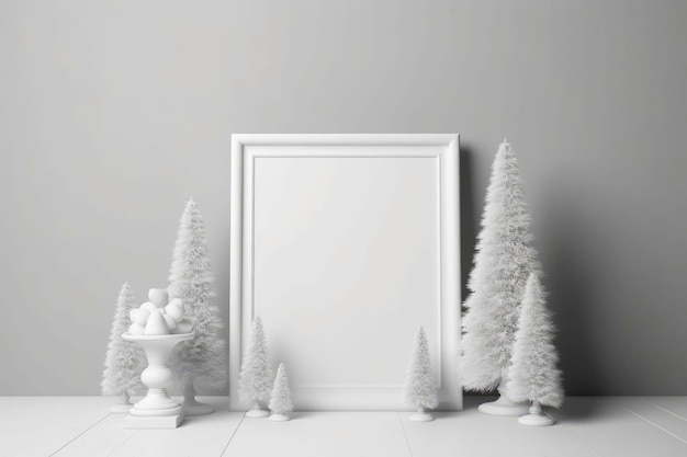 Cadre blanc de maquette avec un arbre de Noël rendu 3D