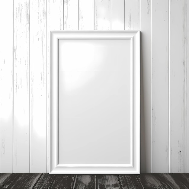 Un cadre blanc sur un mur en bois avec un plancher en bois.