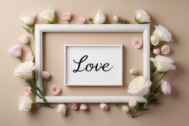 Cadre blanc vide avec des fleurs eustome et des mots d'amour sur surface beige avec espace de copie