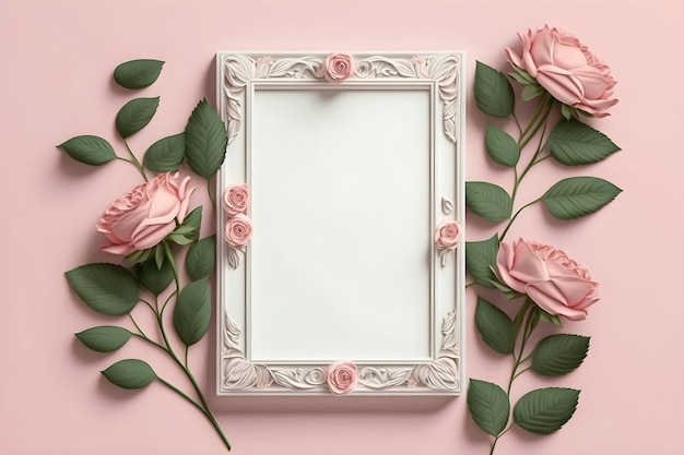 Un cadre blanc vierge avec des roses sur fond rose