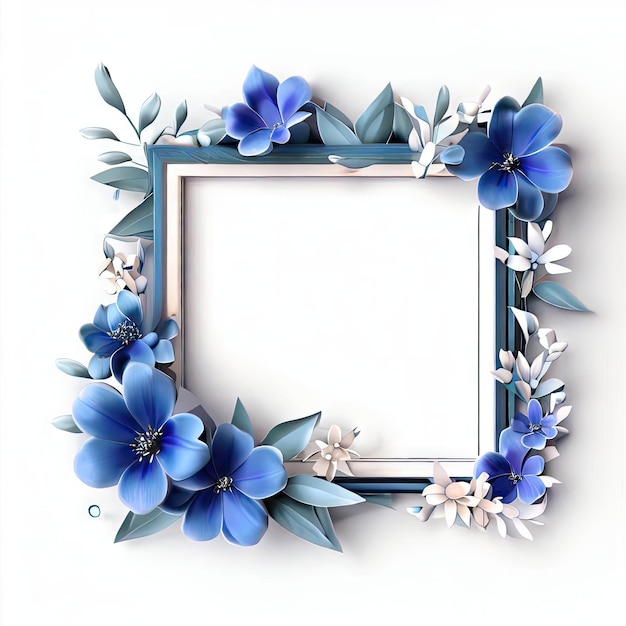 Un cadre bleu et blanc avec des fleurs dessus est fait de papier AI génératif