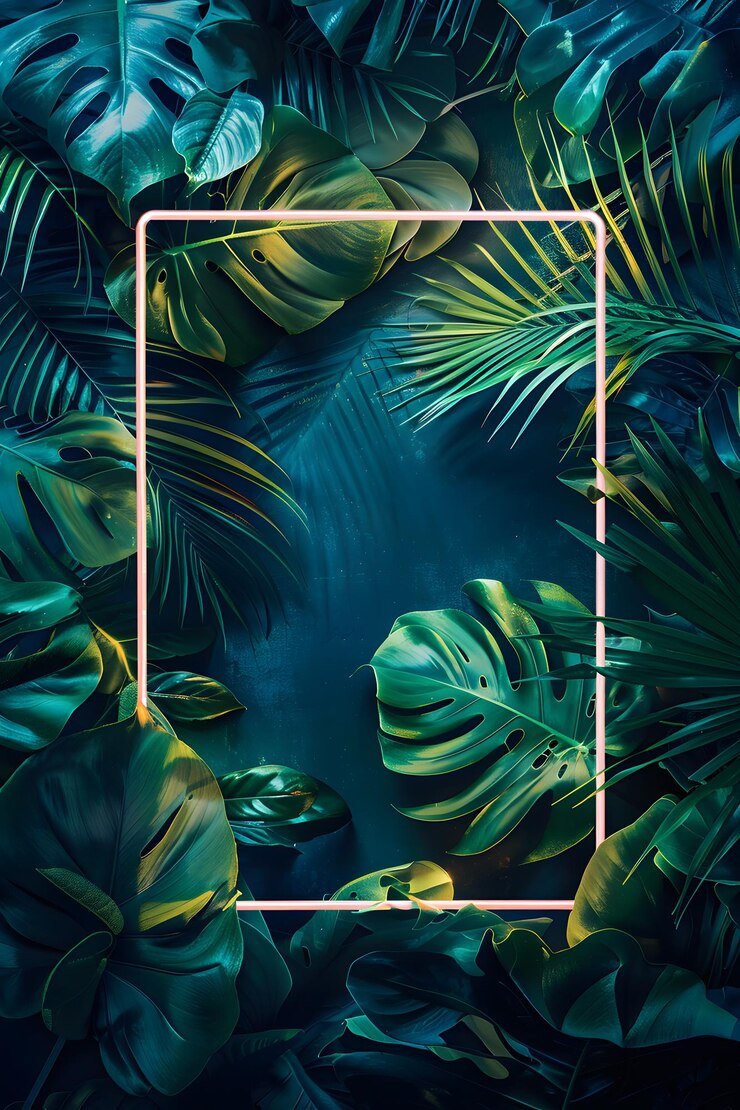 Photo un cadre bleu néon électrique parmi les feuilles tropicales dans l'obscurité.