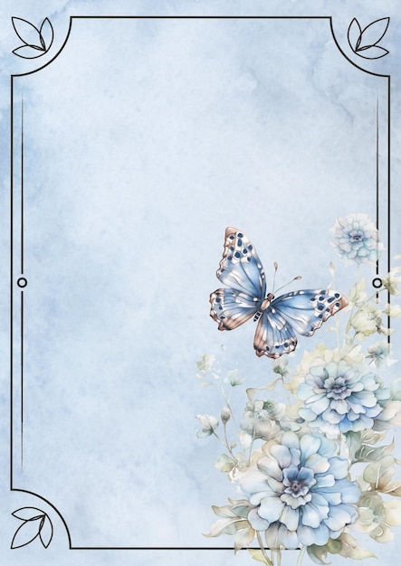 Photo cadre bleu avec un papillon et des fleurs sur fond bleu