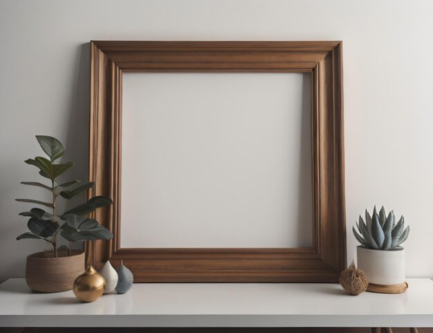 Un cadre en bois est posé sur une table blanche à côté d'une plante et d'une plante.