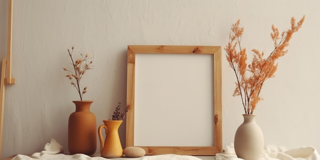 Un cadre en bois est posé sur une table à côté de deux vases avec des plantes.