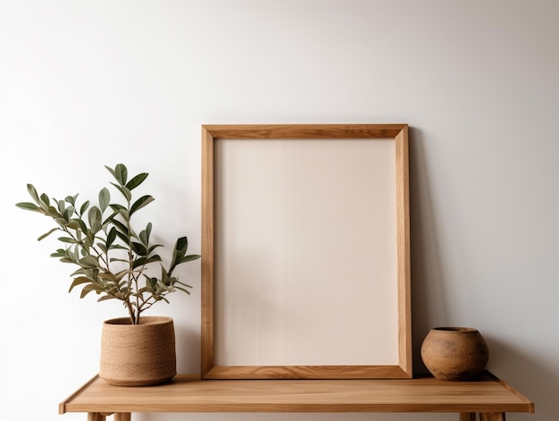 Un cadre en bois est posé sur une table à côté d'une plante.