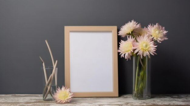 Un cadre en bois avec des fleurs dans un vase en verre sur une étagère en bois.