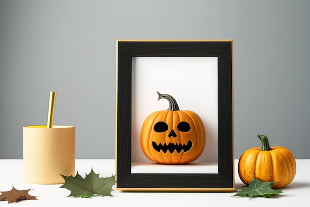 Cadre en bois avec jack o lantern Lovely sur la décoration d'une étagère ou d'un bureau avec un mur blanc avec un espace de copie de concept d'Halloween pour le texte