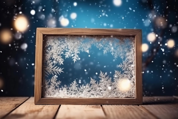 Un cadre en bois avec de la neige dessus et un fond bleu avec le mot hiver dessus.