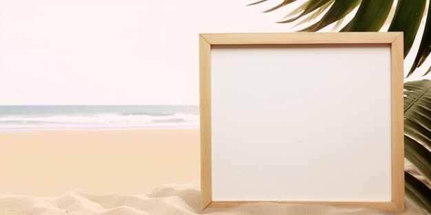 Un cadre en bois se trouve sur une plage avec un palmier en arrière-plan.