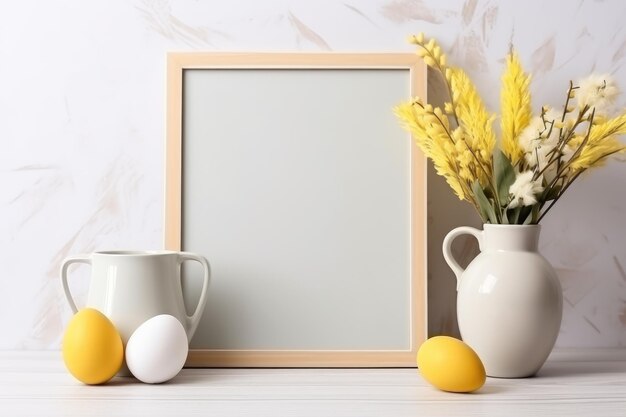 cadre en bois sur la table décorée pour Pâques ai généré.