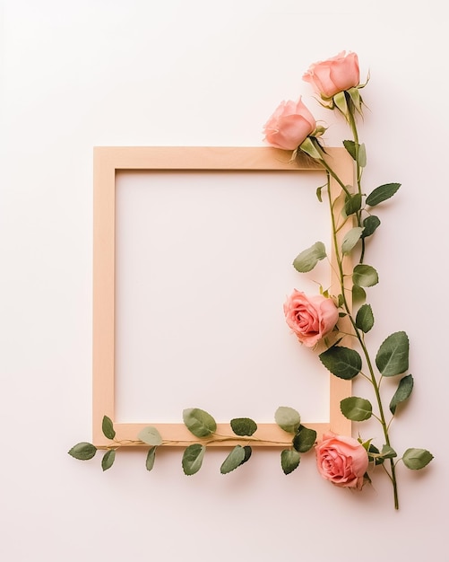 Cadre en bois vide sur fond blanc avec des fleurs sèches générées par Ai