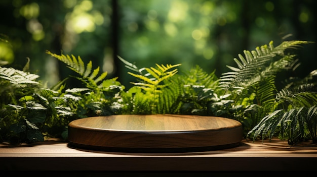 Cadre boisé tropical avec un socle en bois montrant un produit sur fond vertrendu en 3D GENERATE AI
