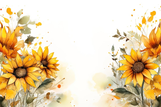 cadre de bordure aquarelle florale avec tournesols et espace blanc vide pour le design