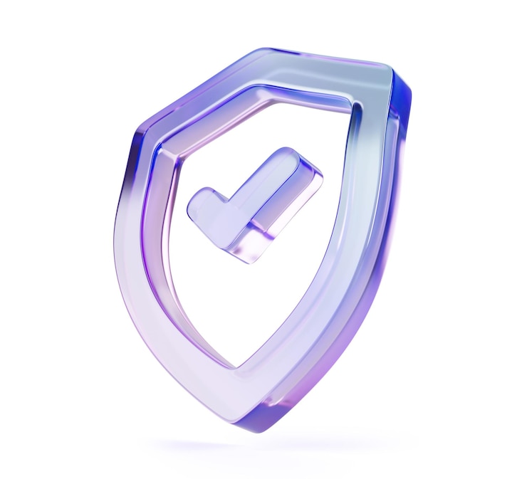 Photo cadre de bouclier holographique en verre 3d avec signe de crochet isolé icône de rendu insigne de sécurité du cadre de cristal avec texture de gradient d'hologramme léger protection de la vie privée des données antivirus