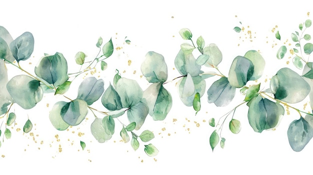 Cadre de branches d'eucalyptus et de feuilles vertes et dorées en technique aquarelle isolées sur fond blanc, espace plat pour le texte