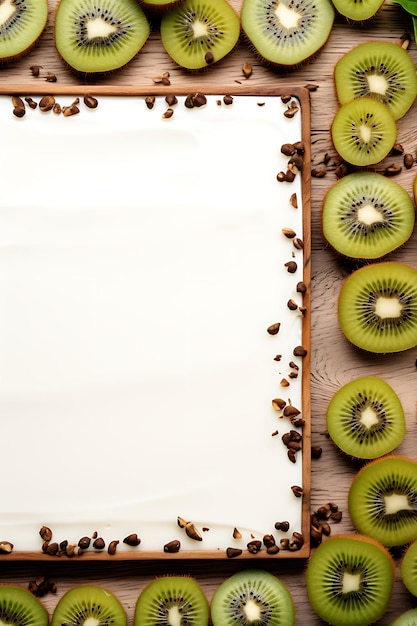 Cadre de brownie avec noix crème arrière-plan quelques kiwis autour du cadre décoration beauté art vue supérieure