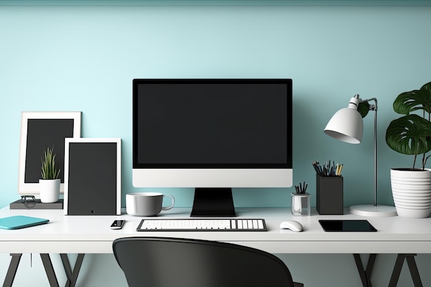 Cadre de bureau élégant avec un ordinateur contemporain sur une table Brouillon pour un design