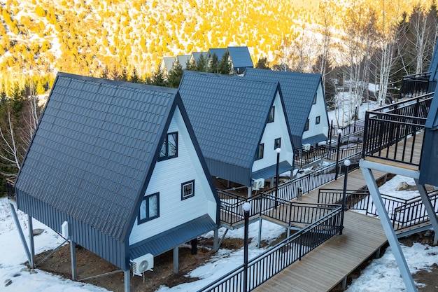 Photo un cadre de cabanes dans le parc d'hiver