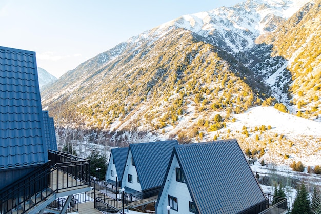 Photo un cadre de cabanes dans le parc d'hiver