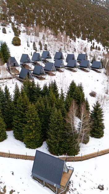 Photo un cadre de cabanes dans le parc d'hiver