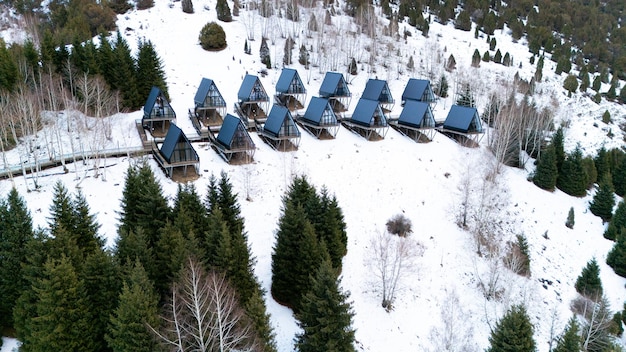 Photo un cadre de cabanes dans le parc d'hiver