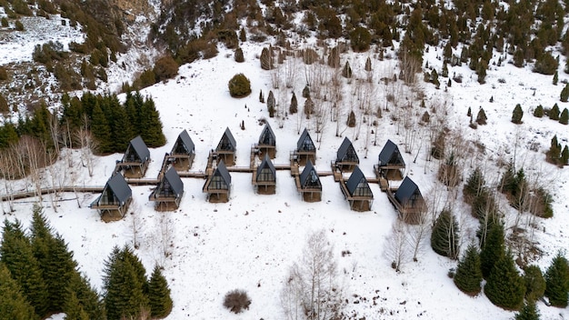 Photo un cadre de cabanes dans le parc d'hiver