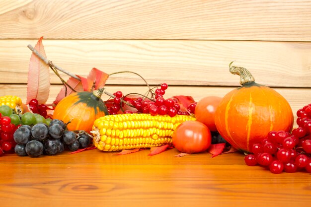 Le cadre des cadeaux d'automne citrouilles maïs feuilles d'automne tomates baies rouges canneberge et raisin