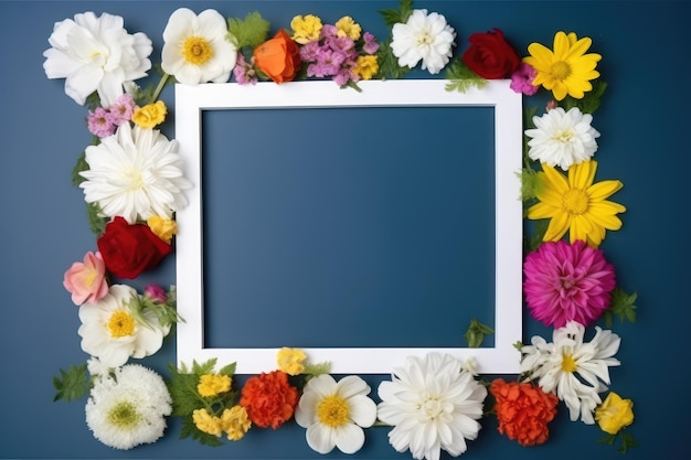 Un cadre avec un cadre bleu et un cadre blanc avec des fleurs et un fond bleu